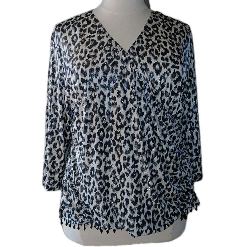 DRESSBARN COLLECTION Womens 3X Animal Sparkle Beading 3/4 Sleeve Wrap Black Top